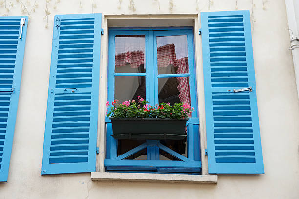 Bright blue traditional window shutters with cute flower box