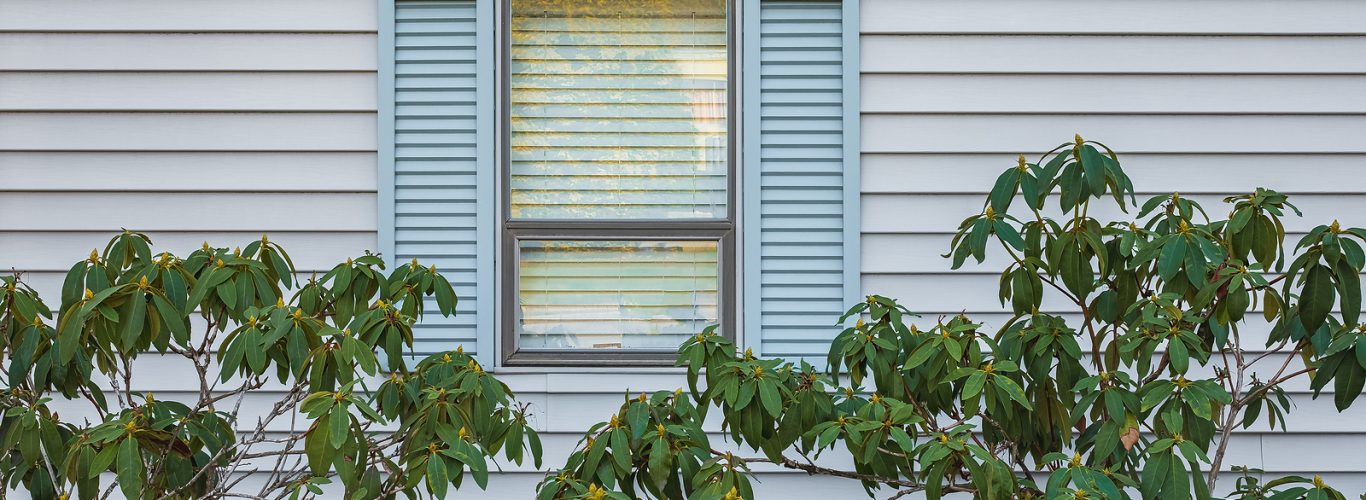 Modern Residential Window With Shutters And Trees In A Garden. G