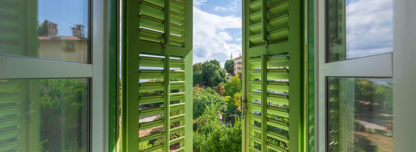 Open Window With Green Wooden Shutters With View Of The Lovran,