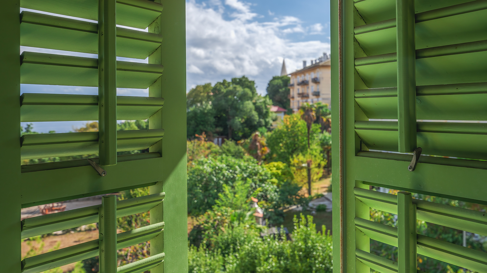 Open Window With Green Wooden Shutters With View Of The Lovran,