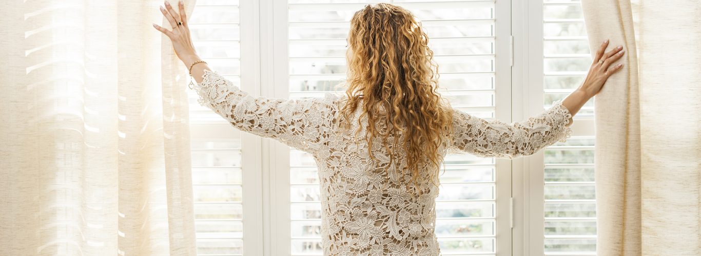 Full height shutter blinds Brighton - bright window with curtains and blinds